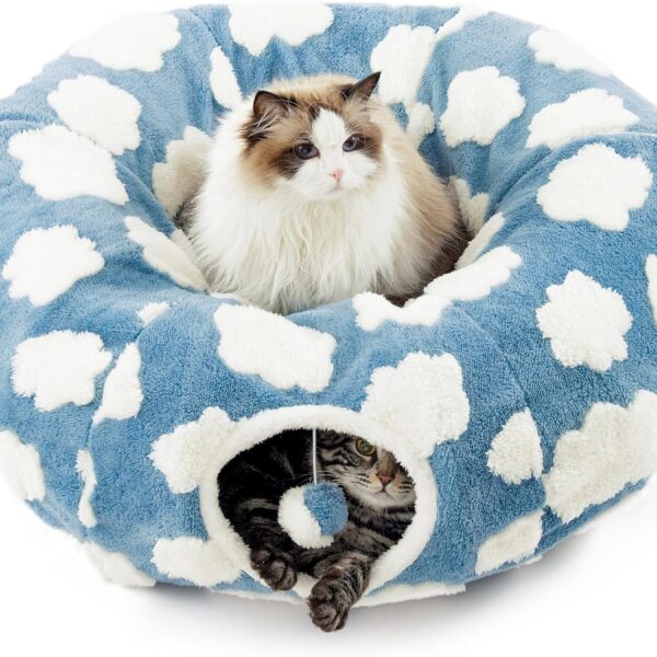 Lesure Cat Tunnel Bed - Cozy Clouds Blue